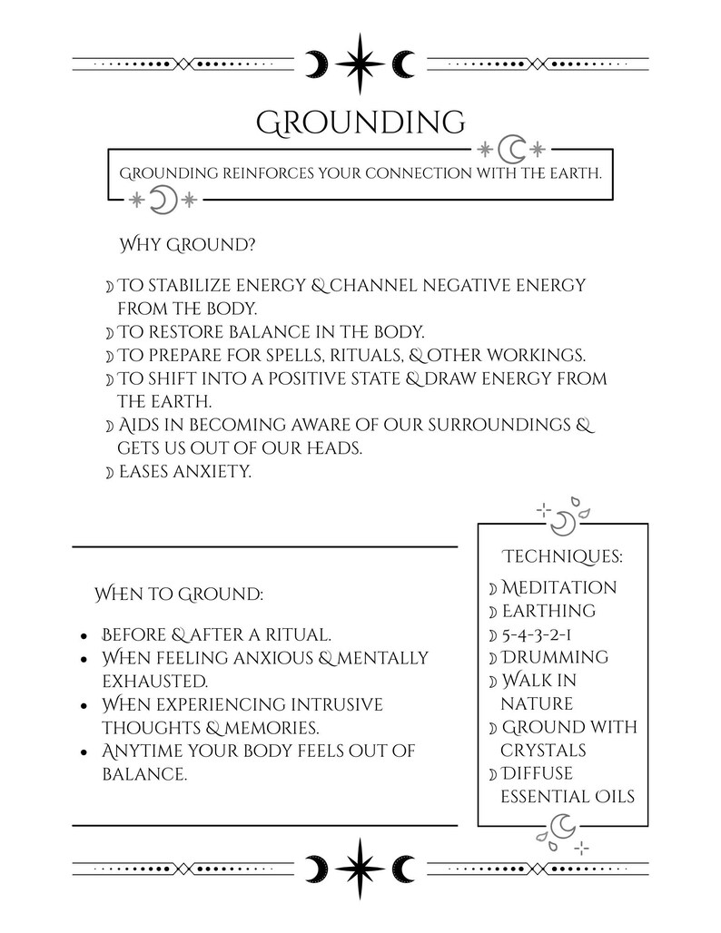 May include: A black and white graphic with the word "GROUNDING" at the top. The image provides information on grounding, including why to ground, when to ground, and techniques such as meditation and earthing. The text is in a clean, easy-to-read font.