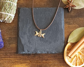 Triple Goddess Necklace, Triple Moon Pendant on Brown Cord, Witchy Jewelry, Moon Phase Necklace