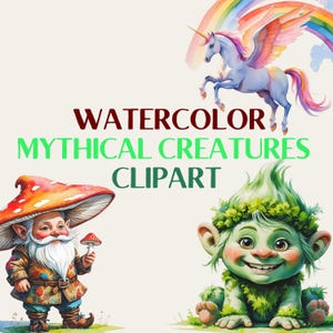 Watercolor Mythical Creatures Clipart: Fantasy Animals PNG (Digital Download