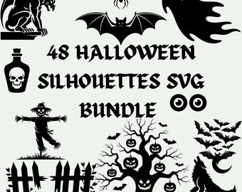 Halloween-clipart silhouetbundel: griezelige Cricut-ontwerpen (SVG, PNG, PDF)