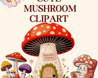 Bundle de cliparts champignons kawaii : 27 modèles PNG (téléchargement numérique
