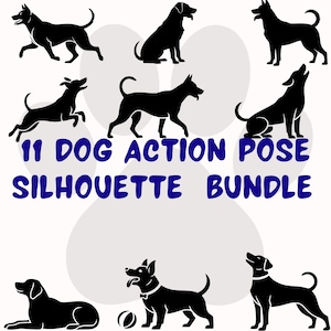 Może przedstawiać: Kolekcja jedenastu czarnych sylwetek psów w różnych pozach, takich jak bieganie, siedzenie i wycie. Tekst "11 DOG ACTION POSE SILHOUETTE BUNDLE" jest wyświetlany na niebiesko, z kształtami łap w tle.