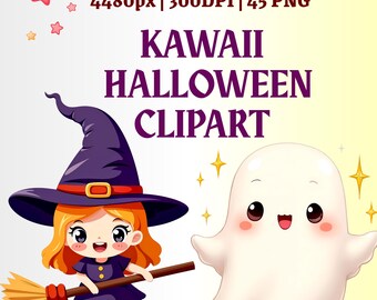 Clipart kawaii di Halloween: fantasmi pastello, zucche, pipistrelli (download digitale, PNG a 300 DPI)