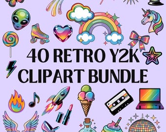 Y2K Clipart Bundle: 40 Neon Stickers, Digital Scrapbooking PNGs