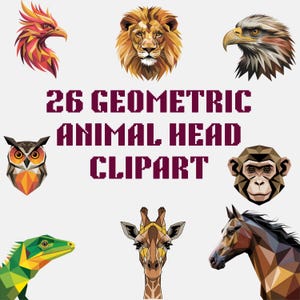 26 geometriska djurhuvuden clipart | Färgglada polygondjur PNG | Modern vektorvilt digital nedladdning