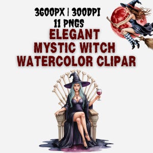 Watercolor Witch Clipart: Mystic Halloween PNG Graphics (Digital Download