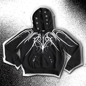 Sudadera negra con capucha / alternativa / hecha a mano / techno / pintada