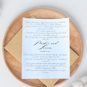 Custom Handwritten Calligraphy page - Love Letter - Wedding Vows - Lyrics- Anything- 8.5x11, 11x14, or 5x7 , 100% premium cotton paper