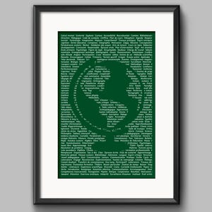 Peut inclure: Une impression d'art encadrée avec un fond vert rempli de texte blanc. Une silhouette verte d'une tête et des épaules est au centre, également faite de texte blanc. Le cadre est noir.
