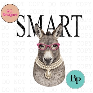 Puede incluir: Ilustración digital de un burro con gafas rosas y un collar de perlas, con la palabra "SMART" en letras negras grandes encima. El burro tiene una apariencia detallada y realista.