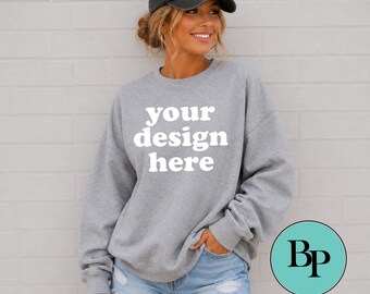 Gildan Sweatshirt Mockup Sport Grey sweatshirt | T Shirt Mockup | Blank Tee Photo | casual torn jeans mock | Etsy | fall mock