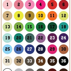 The image is a color chart with various colored circles representing different colors. The chart is organized in rows and columns, with each color circle labeled with a number. The chart is designed to provide a visual representation of color combinations or shades.
