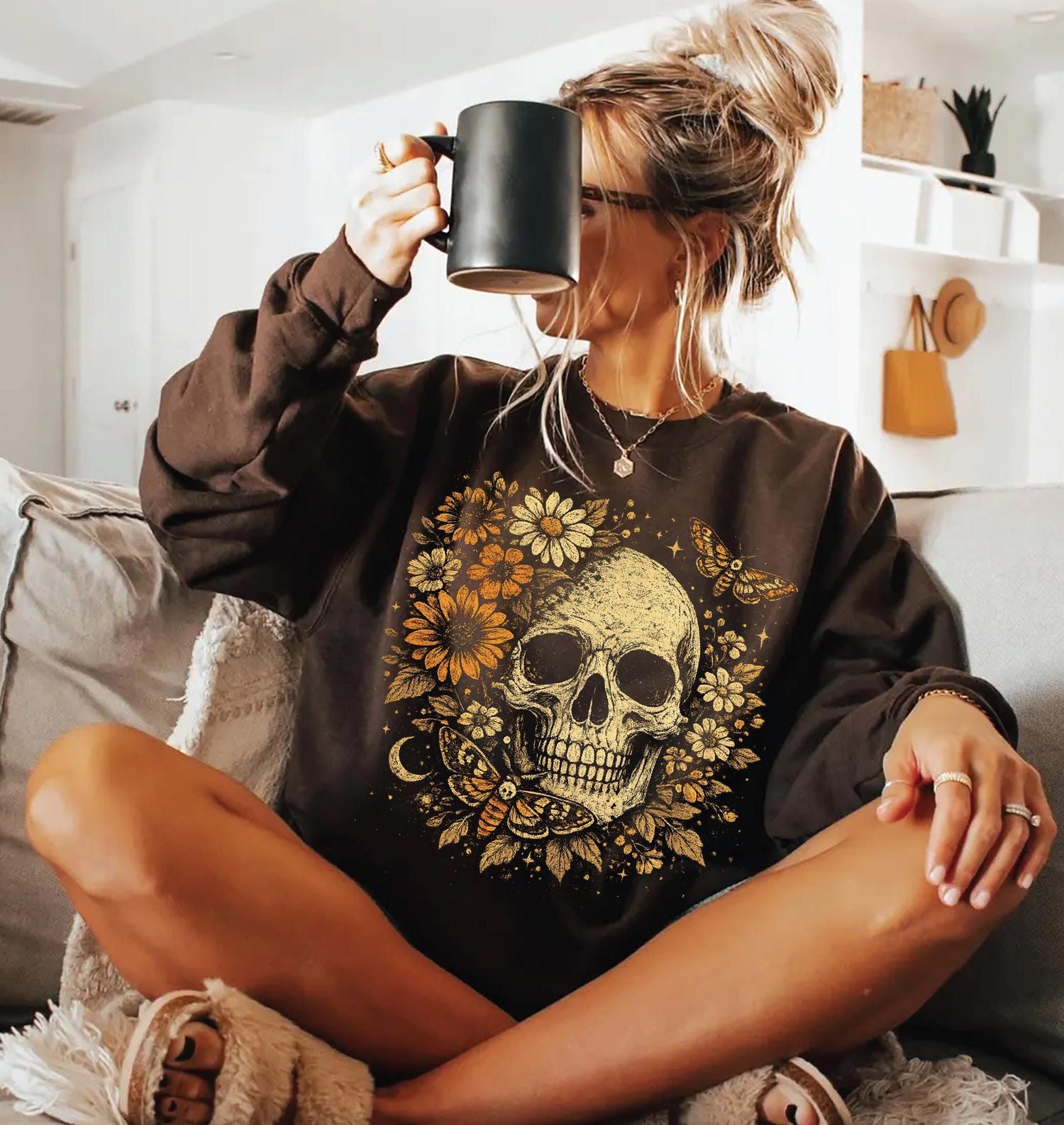 Boho Skull Sweatshirt, Vintage Grunge Hoodie,Floral Skull Hoodie, Retro Boho Shirt, Cute Spooky Halloween Shirt,PIC1092