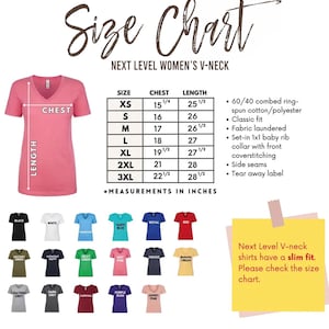 The image is a size chart for women's v-necks, including various measurements and styles. It features a pink v-neck t-shirt and a collection of different colored t-shirts, along with a size chart and a note about the slim fit of the v-neck shirts.