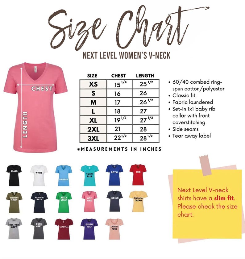 The image is a size chart for women's v-necks, including various measurements and styles. It features a pink v-neck t-shirt and a collection of different colored t-shirts, along with a size chart and a note about the slim fit of the v-neck shirts.