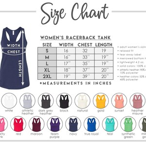The image is a size chart for a women's racerback tank, including various color options and corresponding measurements in inches.