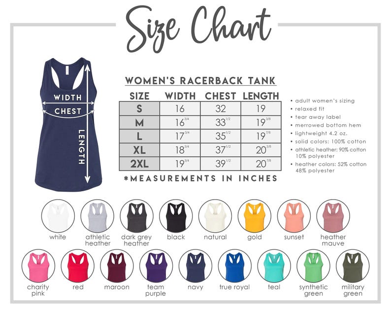The image is a size chart for a women's racerback tank, including various color options and corresponding measurements in inches.