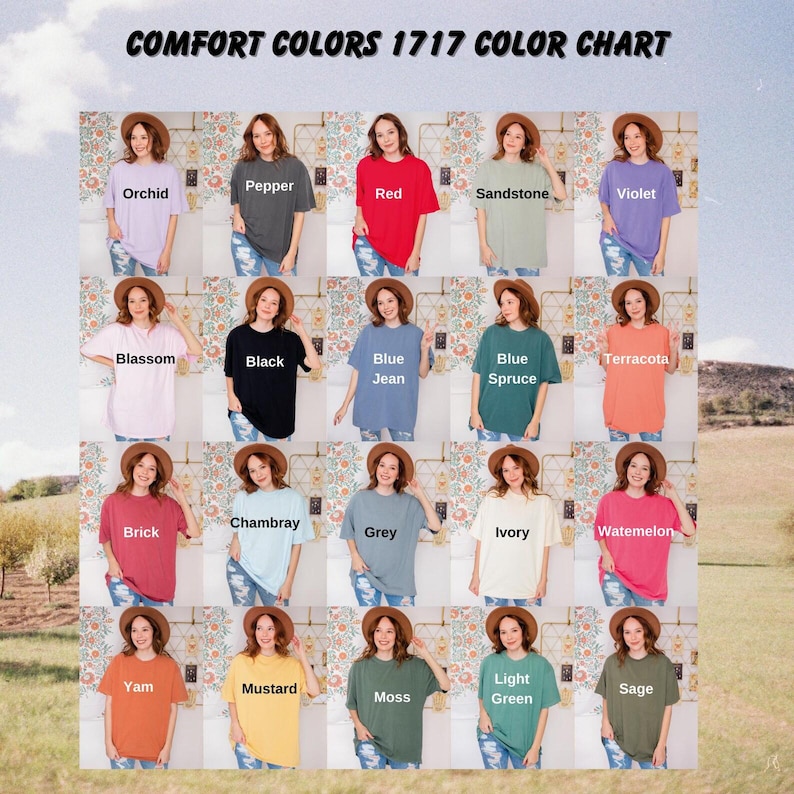 The image is a color chart featuring a grid of 16 different color options, each corresponding to a different woman posing in a casual outfit.