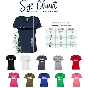 The image is a size chart for women's relaxed jersey v-neck t-shirts. It includes a navy blue v-neck t-shirt and a variety of other t-shirt colors, along with their corresponding chest and length measurements.