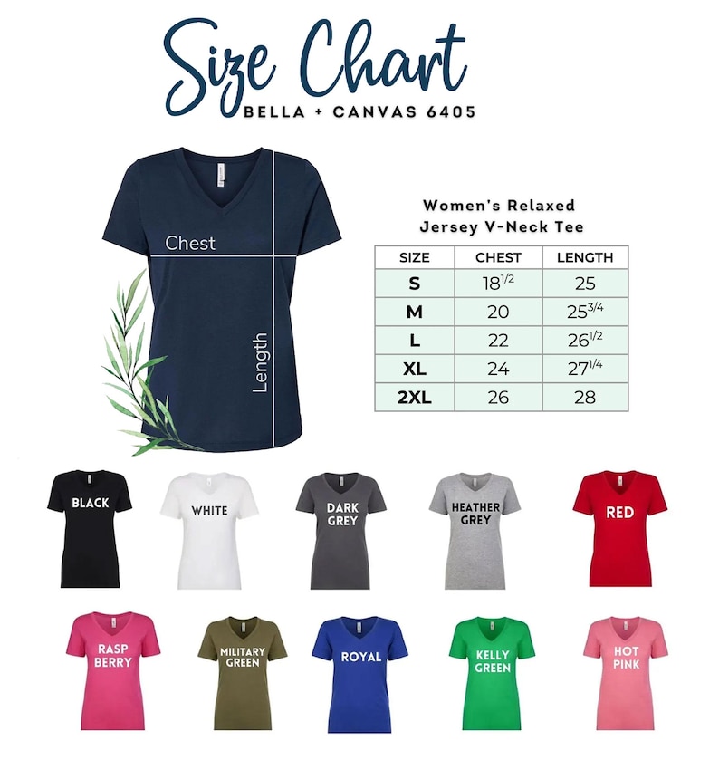 The image is a size chart for women's relaxed jersey v-neck t-shirts. It includes a navy blue v-neck t-shirt and a variety of other t-shirt colors, along with their corresponding chest and length measurements.