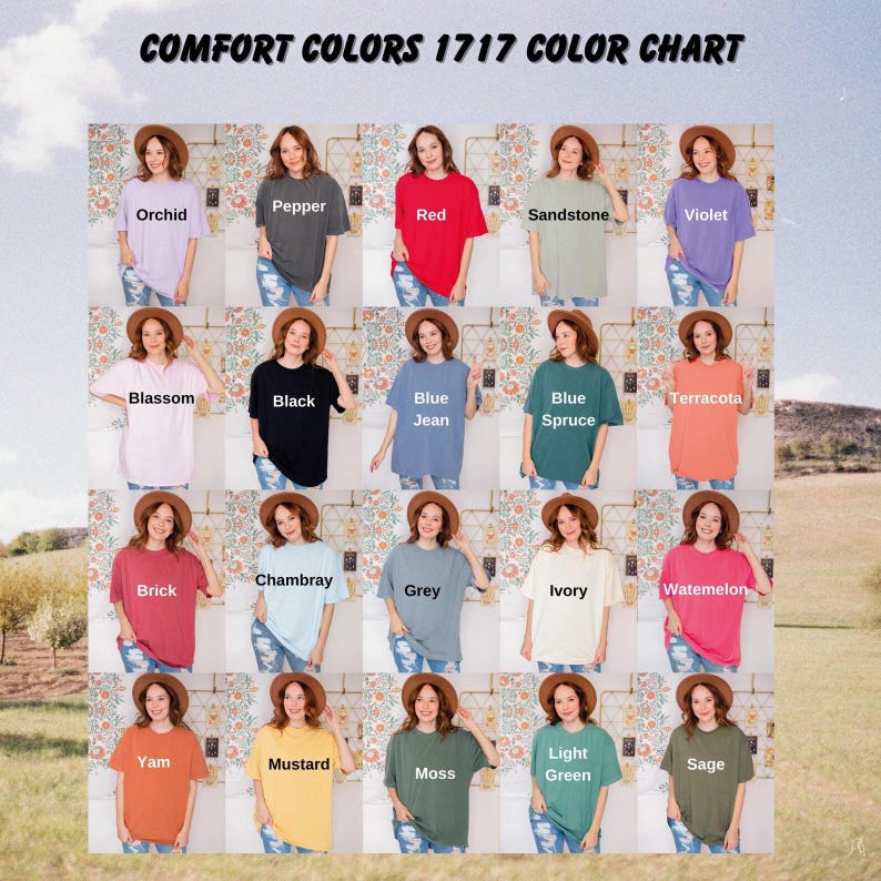 The image is a color chart featuring a grid of 16 different color options, each corresponding to a person's outfit. The colors include "Orchid", "Pepper", "Red", "Sandstone", "Violet", "Black", "Blue", "Spice", "Terracotta", "Blossom", "Brick", "Chambrey", "Ivy", "Watermelon", "Yam", "Mustard", "Moss", "Light Green", and "Sage".