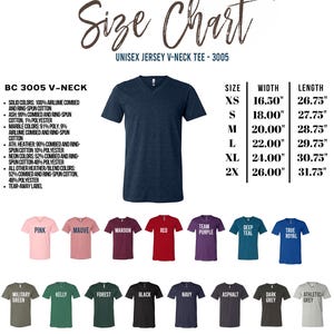 The image is a size chart for a unisex v-neck t-shirt, featuring a variety of different sizes and colors.