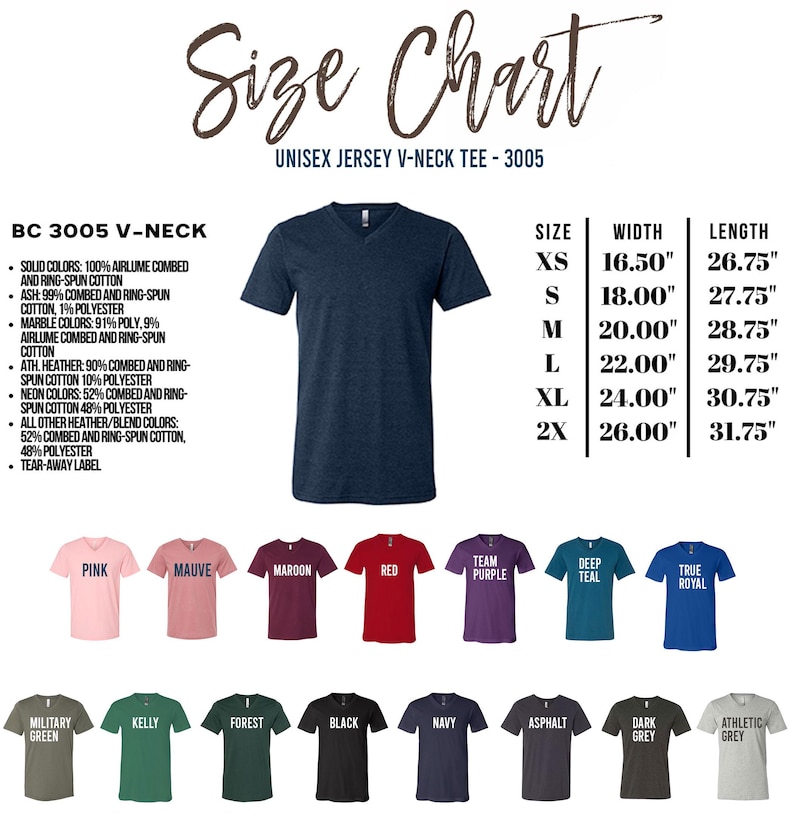 The image is a size chart for a unisex v-neck t-shirt, featuring a variety of different sizes and colors.