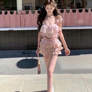 Romantic Ruffle Lace Set – Soft Pink Two-Piece Outfit (Top & Skirt with Shorts Lining)
