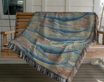 Whale Woven Blanket – Coastal Nautical Coral Reef Throw Decor