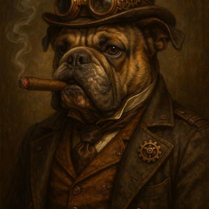 Steampunk Bulldogge Kunstdruck | AI Hundeportrait mit Zigarre | Viktorianischer Steampunk Dekor