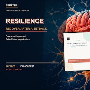 Peut inclure: Un guide pratique PDF remplissable de 24 pages intitulé Resilience: Recover After a Setback, avec le texte Face what happened et Rebuild one step at a time, sur un fond sombre illustré par un cerveau humain détaillé et volumineux.