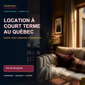 Könnte beinhalten: Ein digitales Leitfaden-Cover mit dem Titel SYNAPTIZIA, GUIDE PRATIQUE | QUÉBEC 2026, LOCATION À COURT TERME AU QUÉBEC, Impôts, taxes, dépenses et obligations, PDF EN FRANÇAIS, COMPRENDRE • ORGANISER • PLANIFIER, mit einem gemütlichen Wohnzimmer.