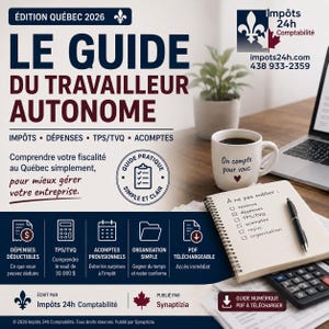 May include: A promotional flyer for the 2026 Quebec guide for self-employed workers by Impôts 24h Comptabilité. The text includes tax, expense, and accounting information, with icons for deductible expenses, tax thresholds, and a downloadable PDF format.