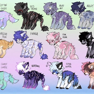 May include: A digital illustration featuring twelve stylized, anthropomorphic animal characters in a grid. Each character has a unique color palette and pattern, labeled with names including Cotton Candy, Red Splash, Milky Way, Moldy, Melon Pan, Fragile, Pink Drink, Scent of Death, Candy Corpse, Katatonia, Flying Butter, and Fawntastic.
