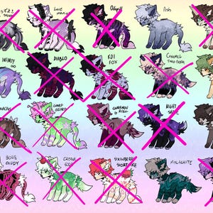 Puede incluir: Una colección de ilustraciones coloridas y estilizadas de animales antropomórficos, cada una con diseños y nombres únicos. La obra presenta una variedad de colores y patrones, con algunos diseños tachados.