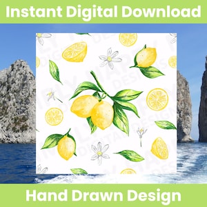 Op de afbeelding: Een digitaal ontwerp met een handgetekend citroenpatroon. Het ontwerp bevat hele citroenen, citroenplakjes, bladeren en witte bloemen op een witte achtergrond. De tekst "Instant Digital Download" en "Hand Drawn Design" is aanwezig.