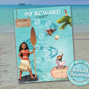 Può includere: Un grafico delle ricompense con un cartone animato di una donna polinesiana che tiene una pagaia. Il grafico ha il testo "My Reward Chart", "My Goal", "Let's Go!", "Keep going!", "You did it!" e "Reward". Un adesivo rotondo dice "Instant Download!"