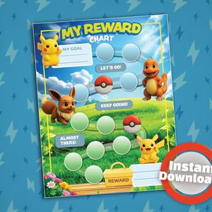 Puede incluir: Un colorido cuadro de recompensas con personajes de dibujos animados y el texto "MY REWARD CHART". El cuadro incluye espacios para metas y recompensas, con las palabras "LET'S GO!" y "KEEP GOING!" impresas. Un círculo rojo con las palabras "Instant Download!" está en la esquina inferior derecha.