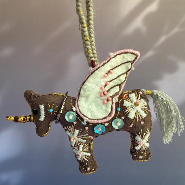 Handmade Winged Unicorn Bag Charm, Embroidered Fabric Pegasus Ornament, Whimsical Textile Charm, Fairycore Gift, Unicorn Decoration