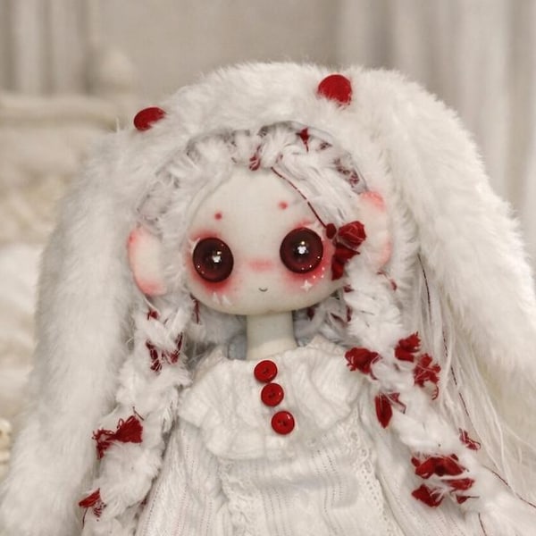 Creepy Cute Bunny-pop 30 cm, handgemaakte kunstpop, Rabbit Hood-pop, rode ogen gotisch schattig, 1/6 outfitvriendelijk