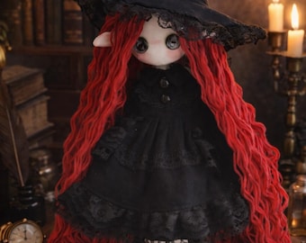Gothic Witch Doll 30cm, Handmade Art Doll, Creepy Cute Collectible, Red Yarn Hair Black Lace Dress, One of a Kind Gift