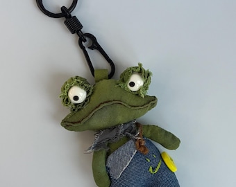 Milo Frog Keychain, Handmade Frog Doll, Cute Weird Plush Toy, Unique Bag Charm, Aesthetic Gift, One of a Kind, Gift for Her