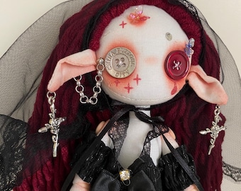 Gothic Cloth Doll – Handmade Creepy Cute Art Doll with Red Hair, Lace Dress, and Cross Earrings – Alternative Soft Sculpture