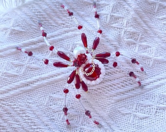 Red Rose Spider Brooch – Handmade Gothic Beaded Insect Jewelry, White & Red Spider Hair Clip Hand Chain Brooch for Halloween or Romantic