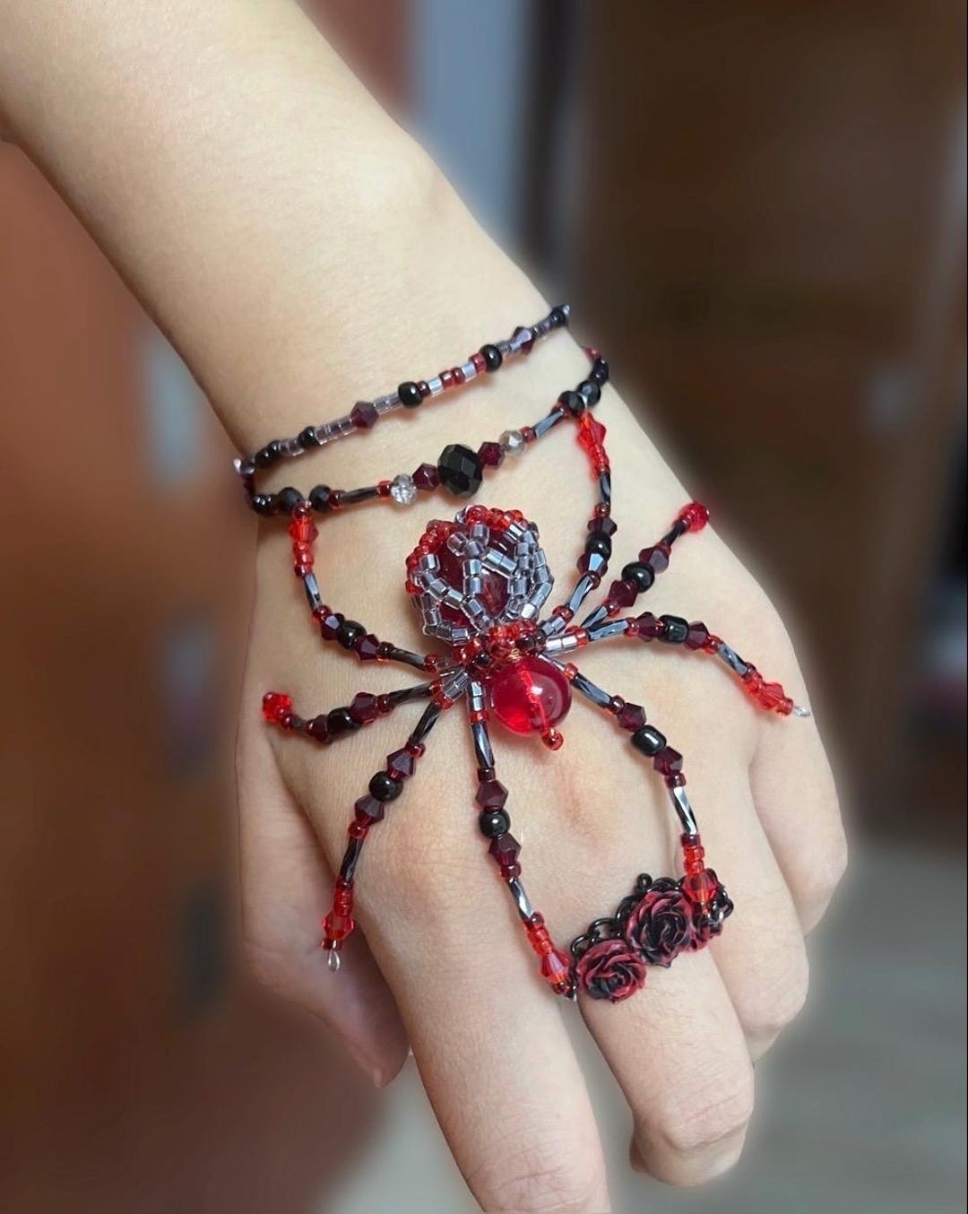 Pink Spider Chain Gothic Beaded Spider Hand Chain Bracelet – Handmade Red & Black ...