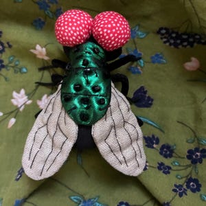 May include: A whimsical fly brooch with large red and white polka-dotted eyes, a shimmering green body, and delicate, patterned wings. The insect-themed accessory is set against a green floral fabric.