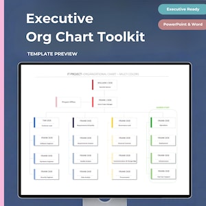 May include: A digital template preview titled Executive Org Chart Toolkit, featuring a hierarchical organizational chart for an IT project. The chart displays various roles and names in color-coded boxes, with labels like Executive Ready and PowerPoint & Word.