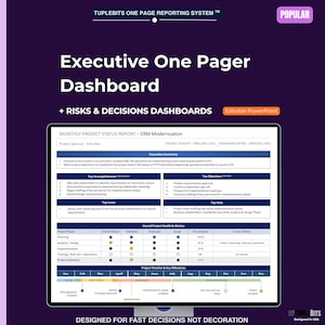Op de afbeelding: Executive One Pager Dashboard met een maandelijks projectstatusrapport. Het rapport bevat projectgezondheidsstatistieken, belangrijke mijlpalen en een projecttijdlijn. Het ontwerp staat op een paarse achtergrond met tekst.
