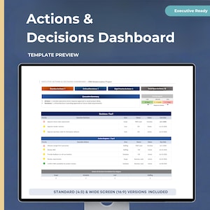 May include: A digital Actions & Decisions Dashboard template preview displayed on a screen. The dashboard includes an executive summary, a top 3 decisions table, and a top 5 action register with status indicators, priority levels, and due dates.