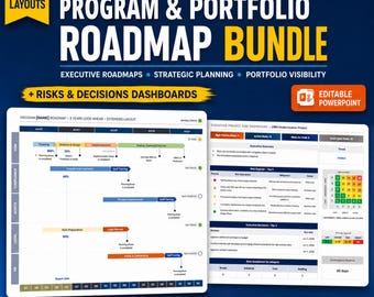 May include: A digital bundle featuring the Tuplebits One Page Reporting System, including a Program and Portfolio Roadmap and a Risks and Decisions Dashboard. The layout is presented in editable PowerPoint format with blue, white, and yellow text.